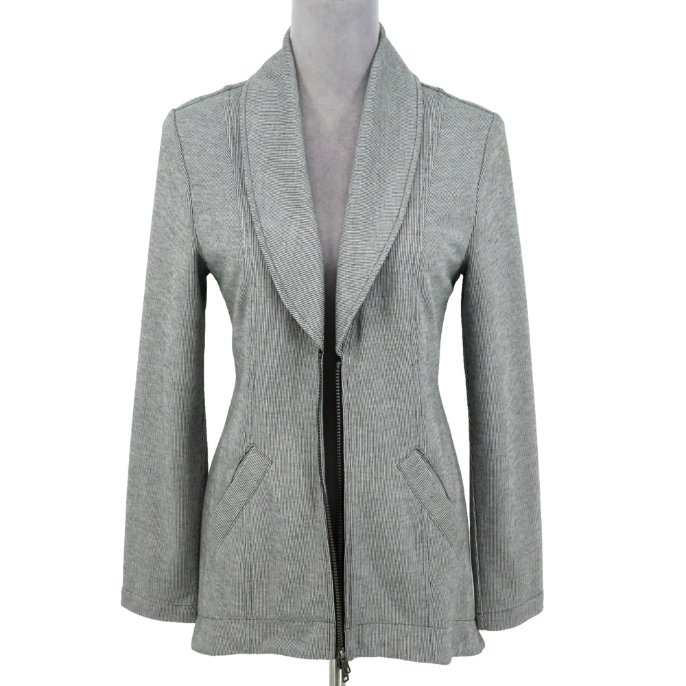 Cabi Jacket Womens Small Gray White Stripes Stretch Knit Full Zip Shawl Collar